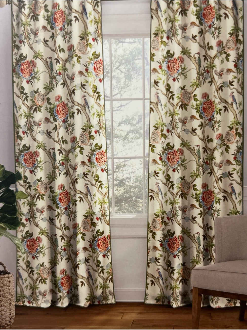 LILLIAN AUGUST 38 x 84 Curtain panels Floral & Birds Rod pocket back tab 2 PC